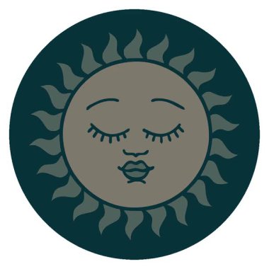 Yüzü olan güneşin basit bir ikonik dövme görüntüsü.