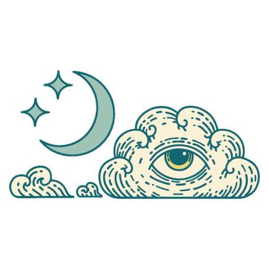 Ay yıldızları ve bulutların basit bir ikonik dövme görüntüsü