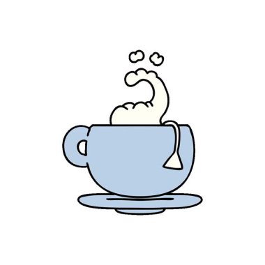 Basit bir çizgi film animasyonu buharı üstünde sıcak bir fincan çay.