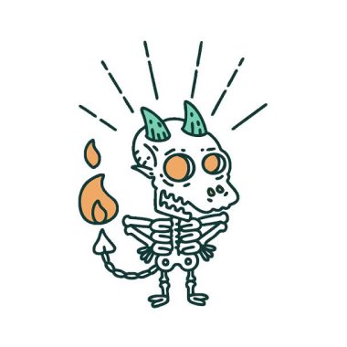 Geleneksel dövme stili iskelet iblis karakterinin basit bir illüstrasyon canlandırması