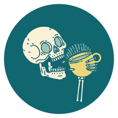 Kafatasının kahve içtiği basit bir ikonik dövme görüntüsü.