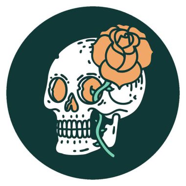 Bir kafatası ve gülün basit bir ikonik dövme görüntüsü.