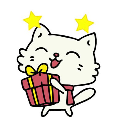 Mutlu küçük bir kedinin Noel hediyesini tutarken çekilmiş basit bir çizgi film.