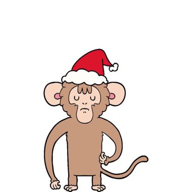 Noel Baba şapkası takan bir maymunun çizilmiş basit bir çizgi çizimi.