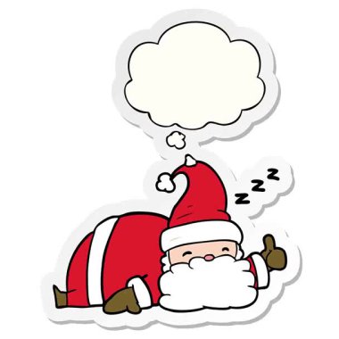 Basit bir çizgi film animasyonu. Uykulu Noel Baba. Üzerinde düşünce kabarcığı yazılı çıkartma var.