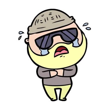 Basit bir çizgi film karakteri sakallı, güneş gözlüğü takıp ağlayan bir adam.