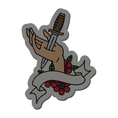 Basit bir döngü hareketli dövme stili çıkartması. Elinde hançer işareti var.