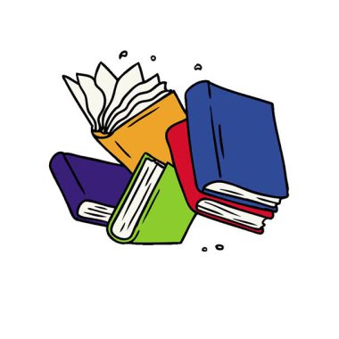 Bir kitap koleksiyonunun basit bir çizgi film karalaması.