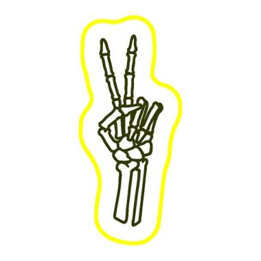 Siyah çizgi şeklinde basit bir çizgi dövmesi olan bir iskelet barış işareti simgesi veriyor.