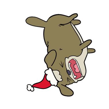 Noel Baba şapkası takan bir köpeğin basit bir el çizimi çizimi.