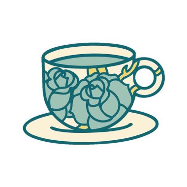 Basit bir döngü canlandırması ikonik dövme tarzı bir fincan ve çiçeğin görüntüsü