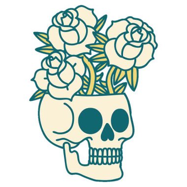 Bir kafatası ve gülün basit bir ikonik dövme görüntüsü.