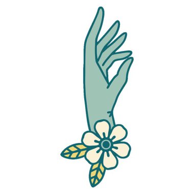 Basit bir döngü ikonik dövme şekli. El ve çiçeğin.