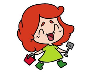 Kovası ve küreği olan sevimli bir kawaii kızı çizilmiş basit bir serbest çizim animasyonu