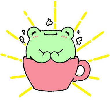 Kahve fincanında oturan sevimli bir kurbağanın basit bir çizgi filmi.