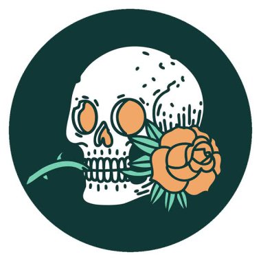 Bir kafatası ve gülün basit bir ikonik dövme görüntüsü.