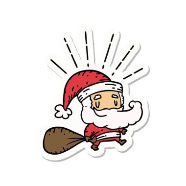 Dövme stili Noel Baba Noel Baba karakterinin çuvallı basit bir canlandırma çıkartması.