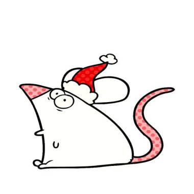 Basit bir ilmek çizilmiş çizgi roman tarzı Noel Baba şapkası takan korkmuş bir fare çizimi.