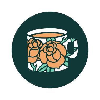 Basit bir döngü canlandırması ikonik dövme tarzı bir fincan ve çiçeğin görüntüsü