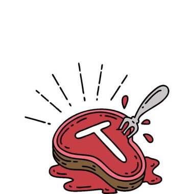 Geleneksel dövmeli biftek ve çatalın basit bir canlandırması.