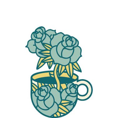 Basit bir döngü canlandırması ikonik dövme tarzı bir fincan ve çiçeğin görüntüsü