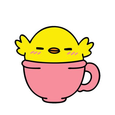 Kahve fincanında oturan sevimli bir kuşun basit bir çizgi filmi.