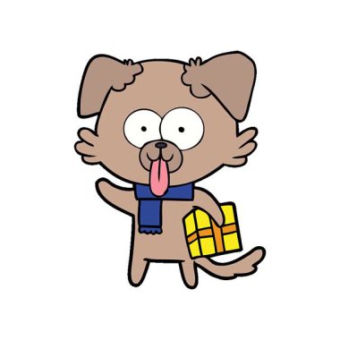 Noel hediyeli basit bir çizgi film köpeği.