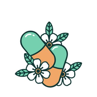 Basit bir döngü ikonik dövme görüntüsü haplar ve çiçekler