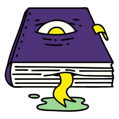 Göz küresi olan ürkütücü bir büyü kitabının basit bir döngülü çizgi filmi.