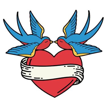 Geleneksel kırlangıç stilinde basit bir döngü dövmesi ve sancaklı bir kalp.