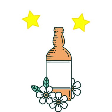 Rom şişesi ve çiçeklerin basit bir ikonik dövme görüntüsü.