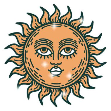 Yüzü olan güneşin basit bir ikonik dövme görüntüsü.