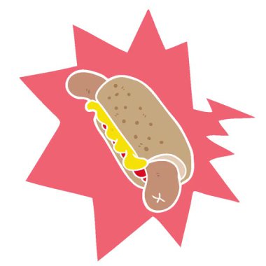 Basit bir çizgi film canlandırması. Retro tarzı konuşma balonu olan taze, lezzetli bir sosisli.