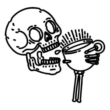 Siyah çizgi şeklinde basit bir çizgi dövmesi var. Kafatası kahve ikonu içiyor.