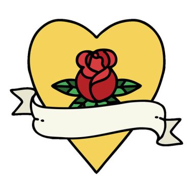 Basit bir döngü dövmesi. Geleneksel bir kalp şekli. Gül ve bayrak.