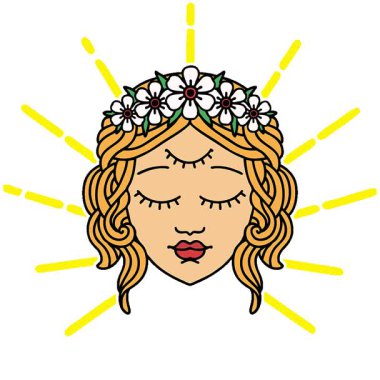 Geleneksel kadın yüzlü ve üçüncü gözlü basit bir döngü dövmesi.