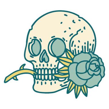 Bir kafatası ve gülün basit bir ikonik dövme görüntüsü.