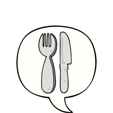 Konuşma baloncuklu basit bir çizgi film bıçağı ve çatal.