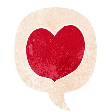 Basit bir döngülü çizgi film aşk kalbi. Konuşma baloncuğu, grunge, sıkıntılı retro dokuma tarzı.