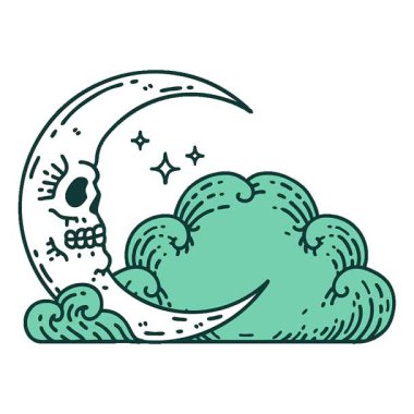 Kafatası hilal ve bulutların basit bir ikonik dövme görüntüsü