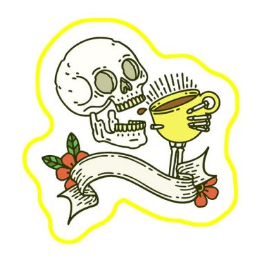 Basit bir döngülü geleneksel dövme. Kafatası dövmesi kahve içiyor.