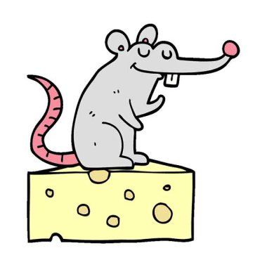 Peynirin üzerinde oturan basit bir çizgi film faresi