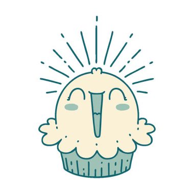 Geleneksel dövme stilinin basit bir canlandırması. Mutlu bir şekilde şarkı söyleyen kek.