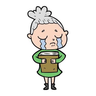 Basit bir çizgi film karakteri elinde kitap tutan ağlayan bir kadın.