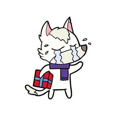 Basit bir döngülü çizgi film, Noel hediyesi ile ağlayan kurt.