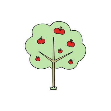 Basit bir ilmek çizilmiş çizgi film elma ağacı.