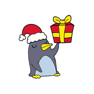 Noel hediyeli basit bir çizgi film pengueni.