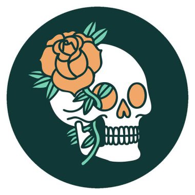 Bir kafatası ve gülün basit bir ikonik dövme görüntüsü.