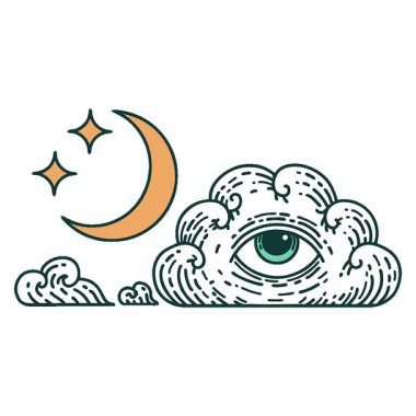 Ay yıldızları ve bulutların basit bir ikonik dövme görüntüsü