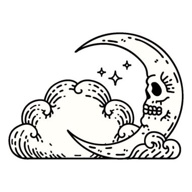 Kafatası hilal ve bulutların geleneksel tarzında basit bir döngü dövmesi.